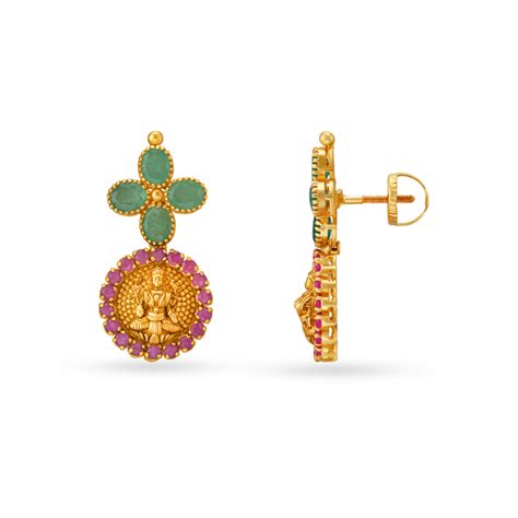 Emerald And Ruby Lakshmi Motif Gold Stud Earrings