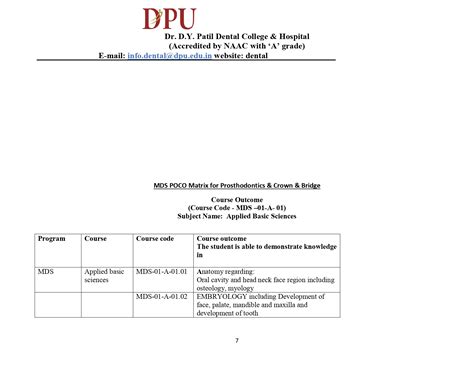 MDS POCO Programme Matrix | Dr. D. Y. Patil Dental
