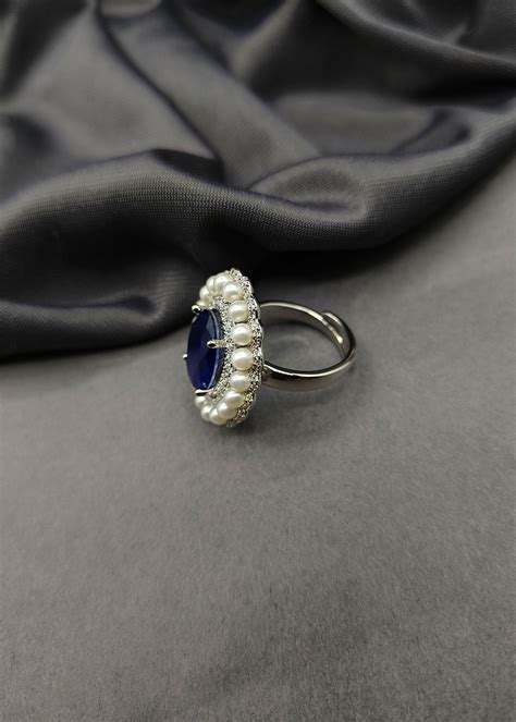 Big Oval Shape With Pearl Colourful Silver Plated Adjustable Big Finge