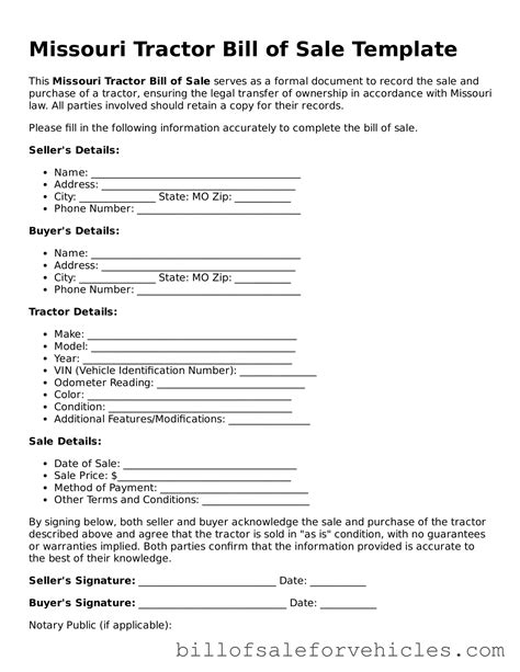 Valid Missouri Tractor Bill of Sale Forms - Simple PDF Template