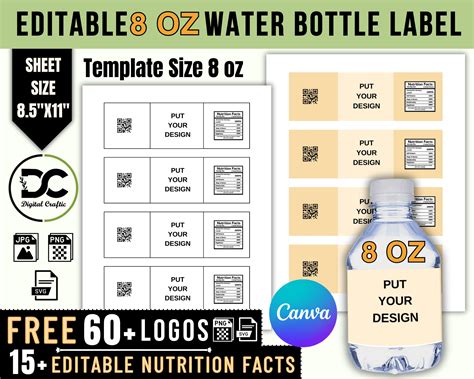 8 OZ Water Bottle Labels Template , Canva Editable Water Bottle ...