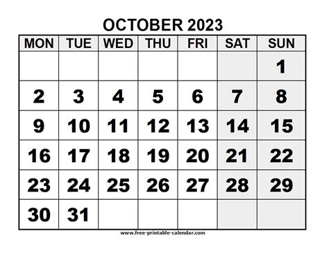 October 2023 Calendar