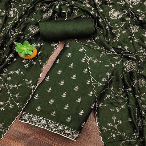 Mehandi Green Sequins Embroidered Vichitra Silk Dress Material