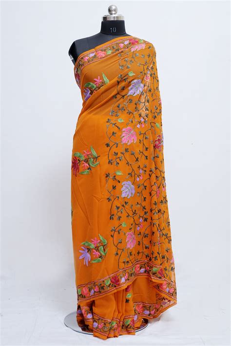 Kashmiri mustard colour georgette saree with beautiful multicolour