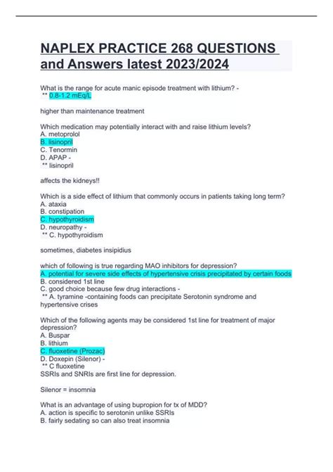 NAPLEX PRACTICE 268 QUESTIONS and Answers latest 2023/ 2024. - NAPLEX ...