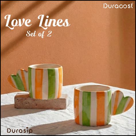 DuraSip™ Love Lines | Heart-Handle Striped Ceramic Mugs – Set of 2 ...