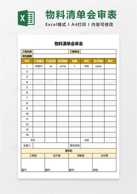 物料清单会审表Excel模板下载_熊猫办公