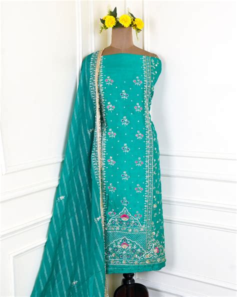Khadi Teal Blue Unstitched Suit – CHAWLA SILK STORE