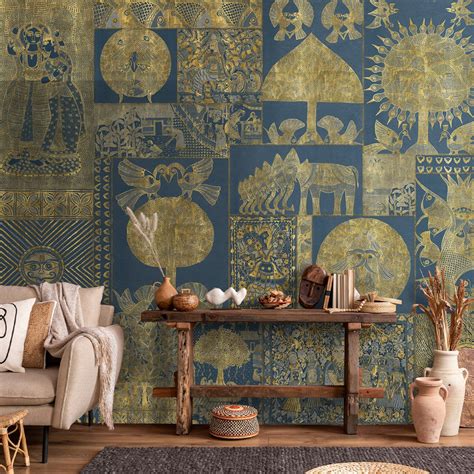 Geet Madhubani Wallpaper in Blue & Golden Colors | Life n Colors