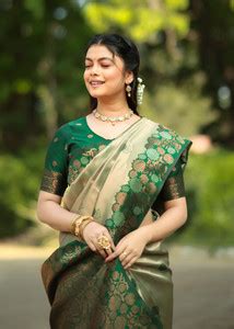 Buy COSBILA FASHION Woven Banarasi Silk Blend Light Green Sarees Online ...
