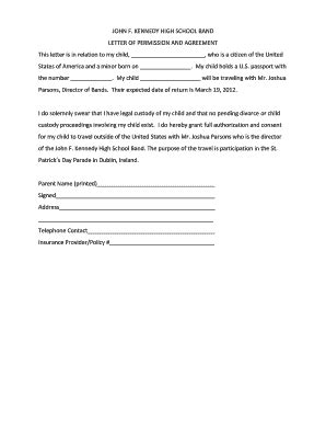 Fillable Online kennedyband LETTER OF PERMISSION AND AGREEMENT - SAMPLE ...