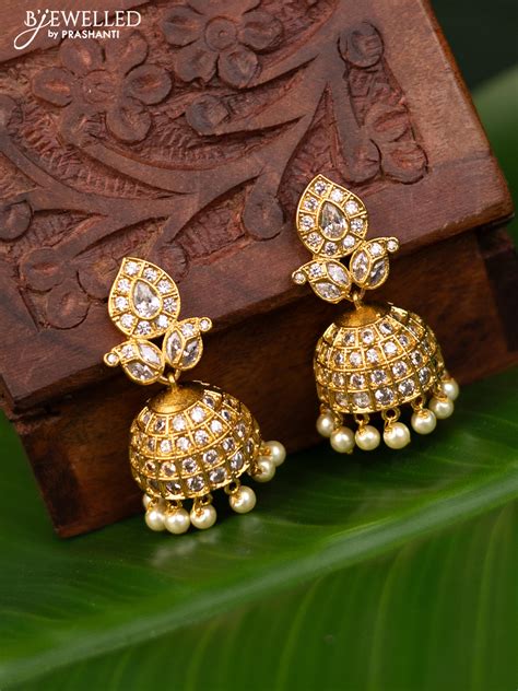 Antique jhumka with cz stones and pearl hangings – Prashanti Sarees
