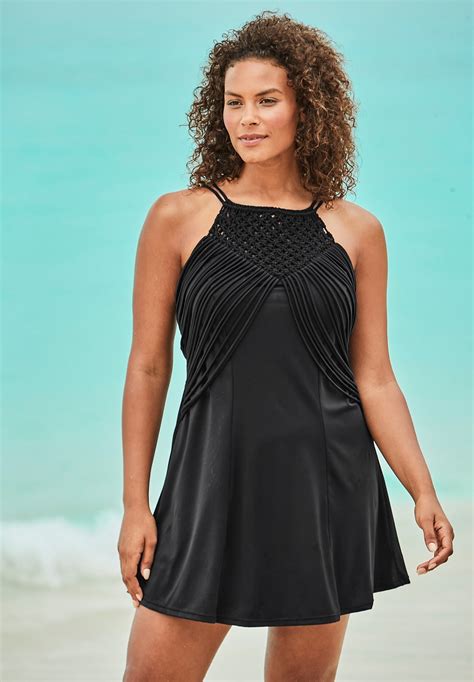 High-Neck Macrame Swim Dress| Plus Size Swim Dresses | Jessica London