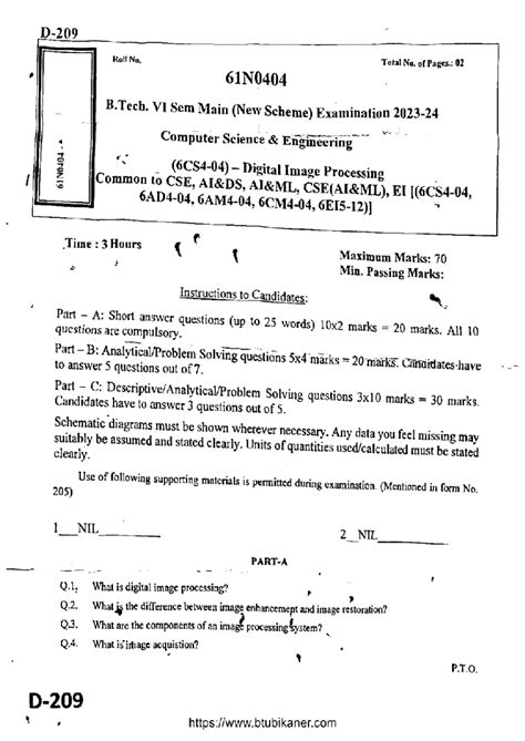61N0404 B. Tech. VI Sem Main Exam: Digital Image Processing Paper - Studocu