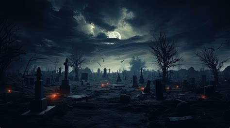 Creepy cemetery at night with haunted atmosphere evoking feelings of ...
