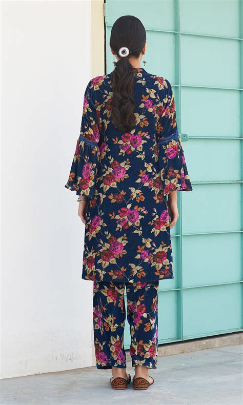 Makhmal Velvet Blue Co- Ord Bell Sleeves Kurta With Salwar(Set Of 2 ...