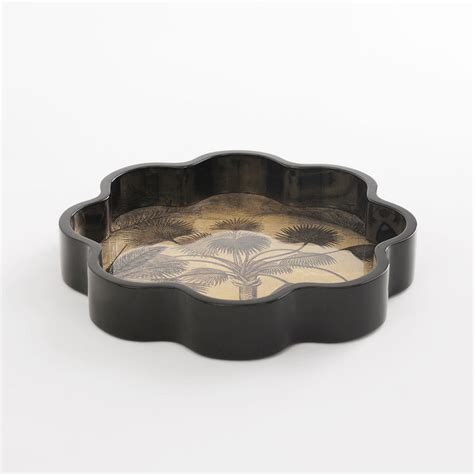 Gold & Black Palmier Print Scalloped Lacquer Tray - Small