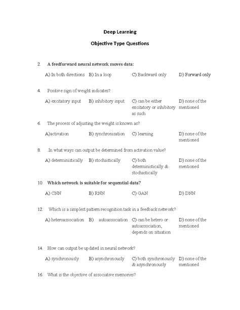 Deep Learning (CS101) Objective Type Questions and Answers - Studocu