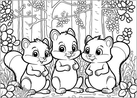 Three cute little squirrels - Squirrel Coloring Pages