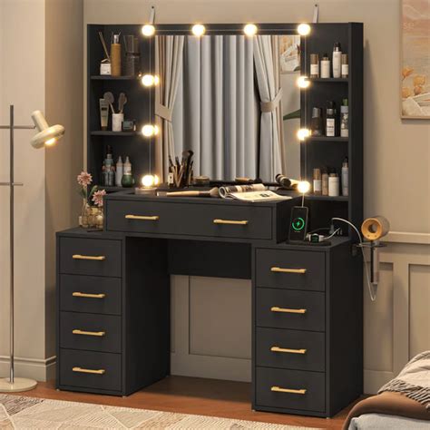 Tempered Glass Vanity Desk with LED Lights, Mirror, and Built-In ...
