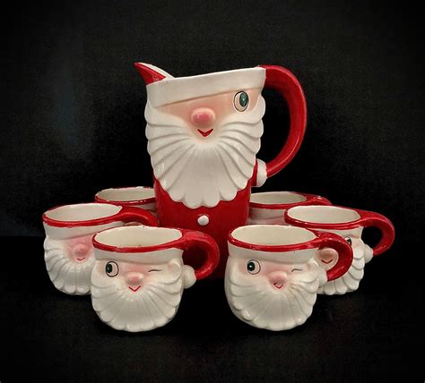 Holt Howard Vintage Christmas Merry Whiskers contemporary Winking Santa Pitcher and 6 mugs ...