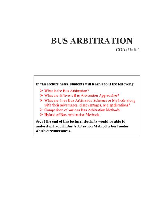 2.1 Bus Arbitration: COA Lecture Notes on Methods & Schemes - Studocu