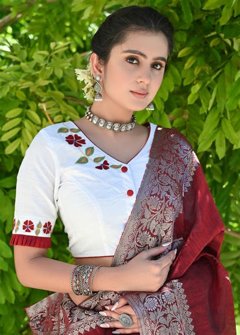 Beautiful White Blouse with Delicate Machine Embroidery and Maroon Com ...