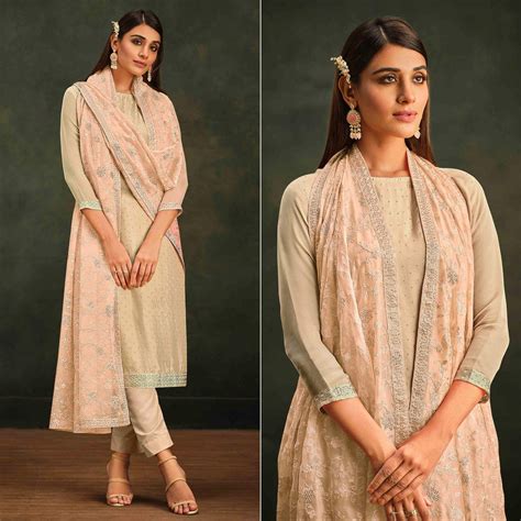 Peach Swarovski Work Organza Semi Stitched Salwar Suit