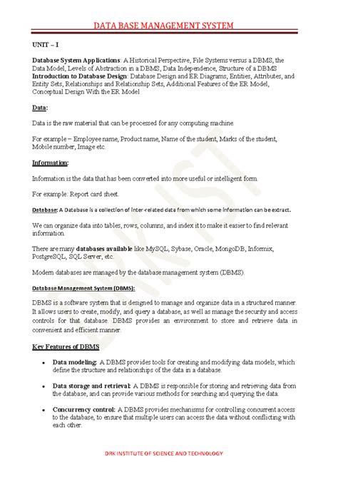 DBMS 101: Unit I Overview of Database Management Systems - Studocu