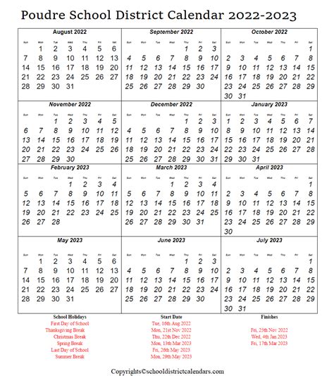 Poudre School District Calendar 2022-2023 With Holidays In PDF