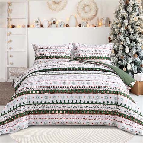 Dinjoy Christmas Comforter Set Queen Size, Green White Snowflake ...