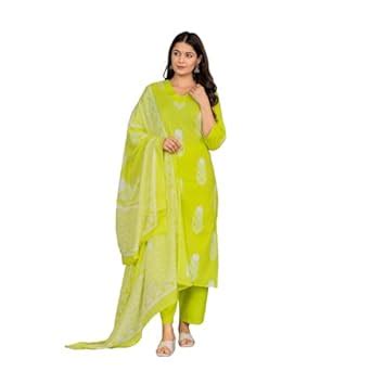 Buy Veqreqmeq Women's Lime Green Cotton Printed Salwar Suit Set with ...