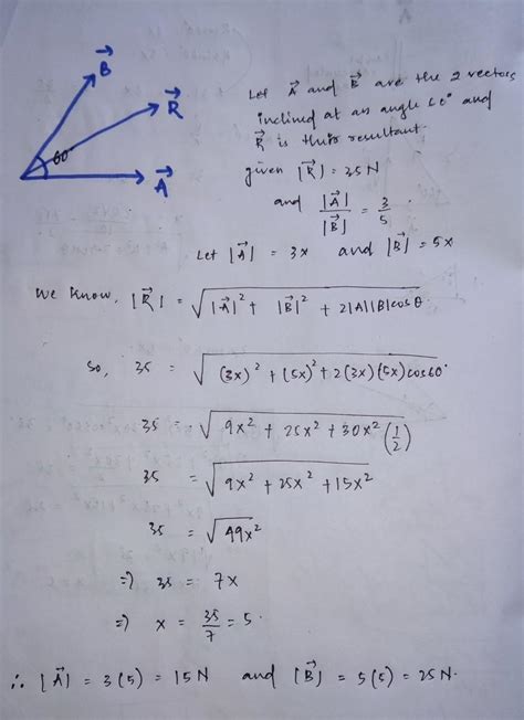Two forces whose magnitudes are in the ratio of 3:5 give a resultant of ...