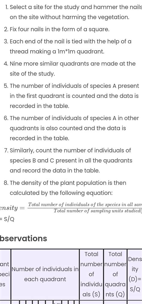 Study the plant population density by quadrat method - Brainly.in