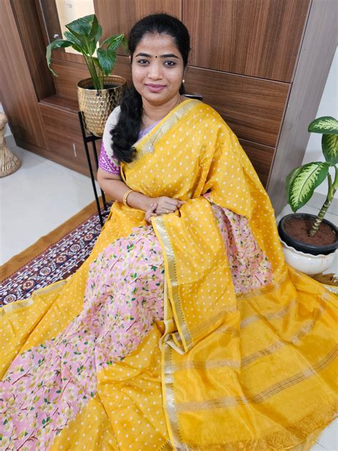 Handwoven Mangalagiri Pattu Saree with Digital Prints - Yellow with Pi ...
