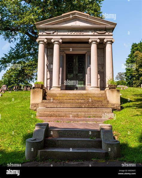 A mausoleum on a sunny summer day in Homewood Cemetery in Pittsburgh ...