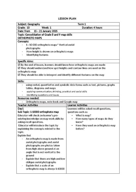 GEOG 10 Term 1 Week 1 Lesson Plan: Orthophoto Maps & Skills - Studocu