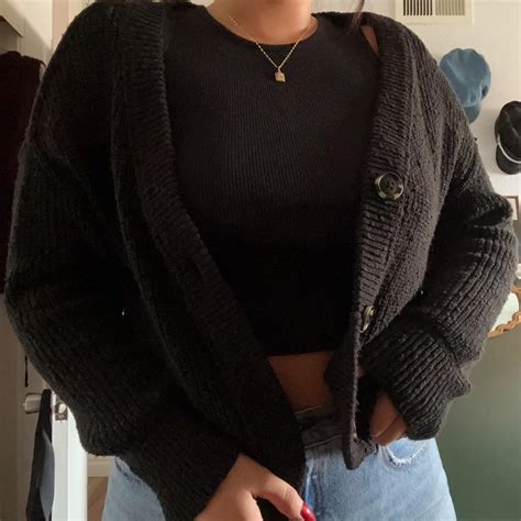 black cropped cardigan knit, slightly cropped and... - Depop