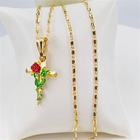 Rose on the cross, pendant and chain gold plate