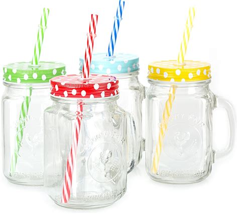 Mason Jar Mugs with Handle, Multi Colored Lids and Plastic Straws. 16 ...