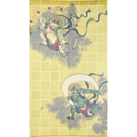 Noren Wind and Thunder God Fujin Raijin With Gold Thread Doorway Curta