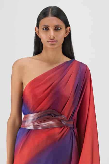 Buy Red Chiffon One Shoulder Metallic Watercolor Dress For Women by ...