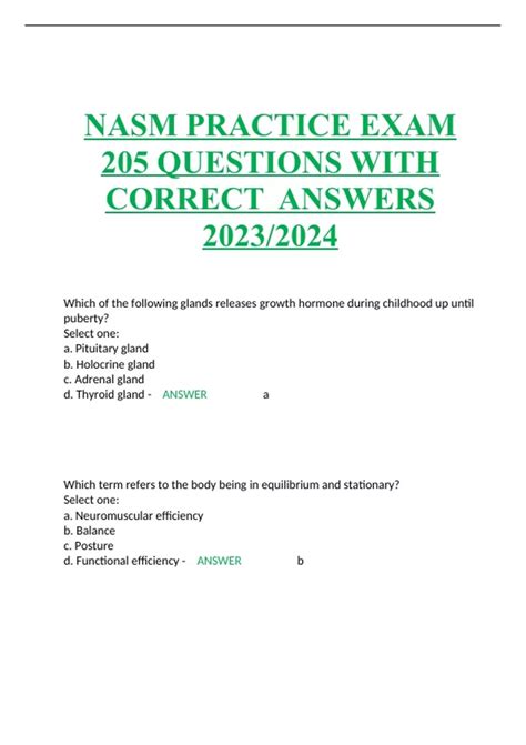NASM PRACTICE EXAM 205 QUESTIONS WITH CORRECT ANSWERS 2023/2024 - NASM ...