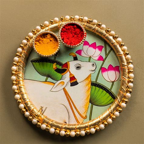 Buy Green Cow Printed Plate with Haldi Kumkum Holder – Ikyem