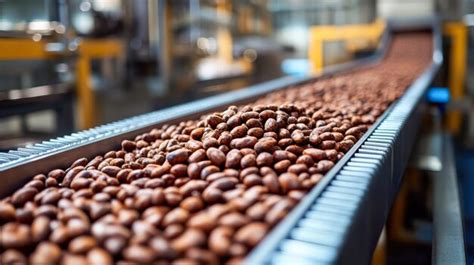 Cocoa beans travelling on conveyor belt in factory for processing and ...