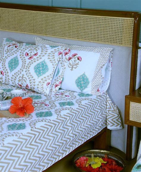 Buy Pink Hibiscus Gold Block Printed Bedsheet With 2 Pillow Cover Set