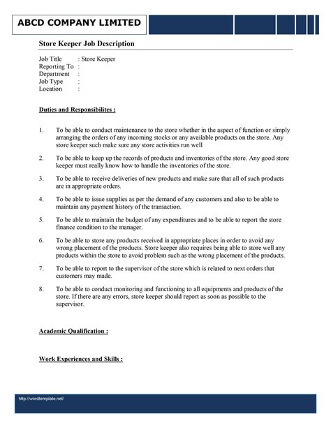 Roles And Responsibilities Of Store Keeper - Free Word Template