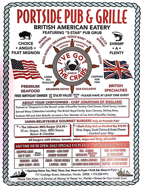 Menu for Portside Pub & Grille in Sebastian, FL | Sirved