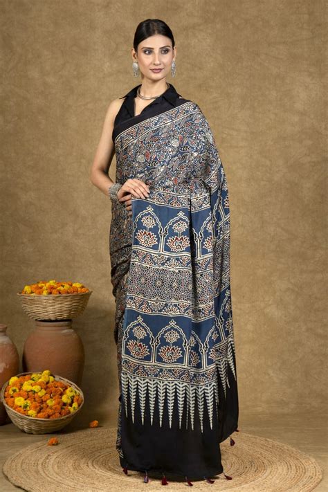 Blue Floral Jaal Modal Silk Ajrakh Saree - House Of Elegance – House Of ...