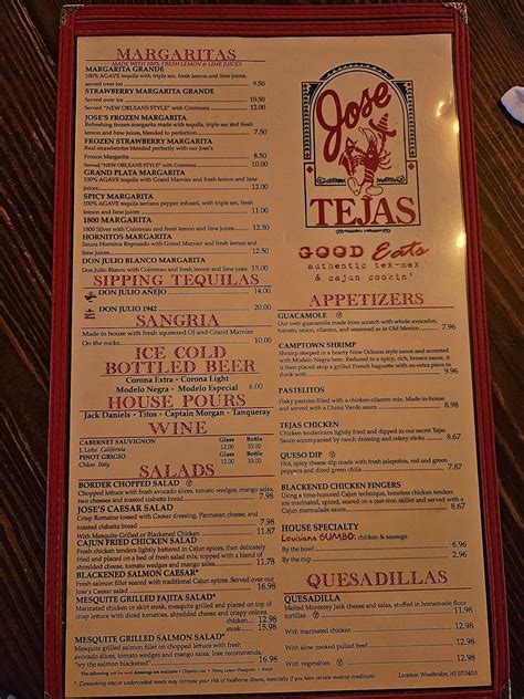 Menu at Jose Tejas restaurant, Woodbridge Township, 700 US Highway 1 N